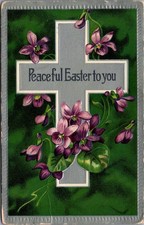 Antique 1909 Easter Postcard Violets & Cross Embossed US 1 Cent Stamp Posted picture