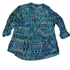 Cocomo Woman Blouse Womens 2X Blue Green Ikat Studded Roll Tab Sleeve Boho Top picture