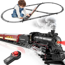 RC Train Set Alloy Steam Locomotive Light-Up Cars Tracks Remote Control Toy picture