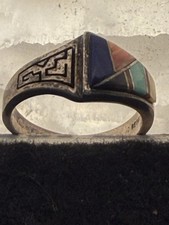Calvin Begay Signed Navajo Sterling Silver Multi Stone Micro Inlay Ring Sz 10.5 picture