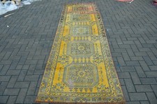 Vintage 3,3x10,3 ft Rug, Runner Turkish Rug, Yellow Blue Ombré Rug picture
