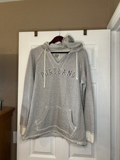 Blue 84 PORTLAND Women's XL gray/wht Striped Hoodie Sweatshirt fray edges - Used picture