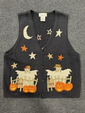 Vintage Mandal Bay Halloween Sweater Vest XL Black Pumpkins Scarecrows Stars picture