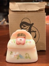 Fenton Burmese UV Glow Painted Purse Handbag Trinket Box 2001 Fenton Fam Signed picture