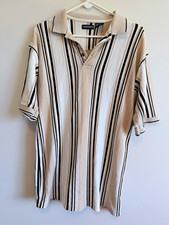 Vintage Jantzen Men's M Cotton Striped Polo Shirt Beige/White/Black Short Sleeve picture
