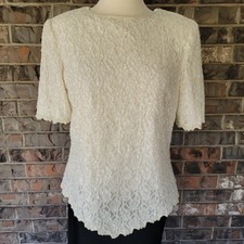 VINTAGE Laurence Kazar Shirt Womens XL Ivory Hand Beaded Sequin Lace Top 90s picture
