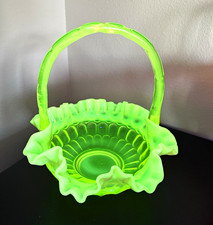 Fenton Thumbprint Opalescent Uranium Basket w/ Handle 8