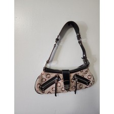 Vintage Y2K GUESS Monogram Baguette Shoulder Bag Brown Pink Patent Zip Pockets picture