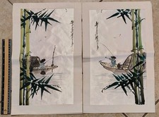 Vintage Chinese Guilin Silk Painting Pair Fisherman Bamboo Hand Painted Red Seal picture