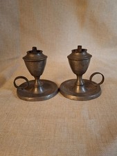 Pair Antique Mini Pewter Whale Oil Finger Lamps Single Tube Burners c. 1830-1850 picture