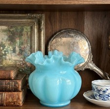 Fenton Light Blue Opalescent Melon Glass Vase Ruffled Rim Mid Century Decor picture