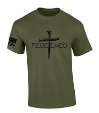 Redeemed Cross Nails Mens Christian American Flag Sleeve T-shirt Graphic Tee picture