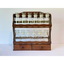 Vintage Wooden Spice Rack | 12 Glass Jars with Stopper | Two Drawers | 1970s picture