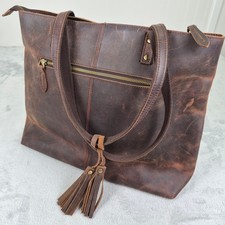 S-ZONE Brown Distressed Cowhide Leather Tote Computer Bag Tassel Minimalist Work picture