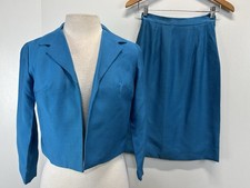 Vtg 60s Jr Theme 2 Pc Skirt Suit Women’s Blue 24” Waist Crop Jacket Jackie O picture