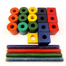 Vintage Wooden Colored Blocks & Rods Stacking Wagon Lot of 21 Replacement Parts picture