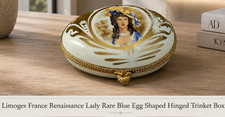 Limoges France Renaissance Portrait Lady Blue Egg Hinged Trinket Box Signed VTG picture