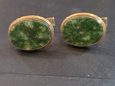 Vtg. Krementz Green Jade Cufflinks 1/20 12K Gold Filled Mid Century Oval Signed picture