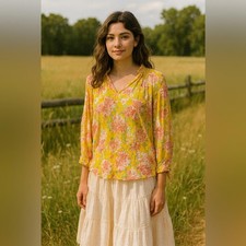 Rachel Rachel Roy Floral Blouse Yellow Pink 3/4 Sleeve Tie-Sleeve Size Small picture