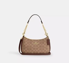 COACH Teri Shoulder Bag In Signature Canvas Gold/Tan/Brown CV933 New picture
