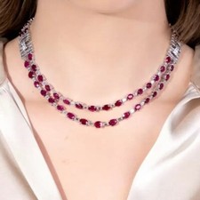 52ctw Created Oval Cut Ruby & Diamond Two Row Statement Necklace 14k Gold Plated picture