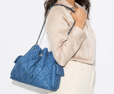 Authentic Tory Burch Charlie Quilted Drawstring DENIM Bag NWT NO DUTIES picture