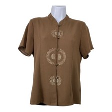Vintage Kenar Studio Brown Embroidered Button Down Short Sleeve Blouse Sz 13 picture