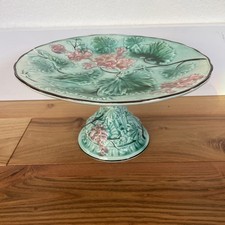 Rare Majolica  Cake Plate Pedestal Stand Green Leaves Red Pink Flowers 9.25” Dia picture