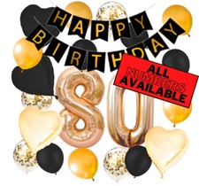 80th Birthday Decorations - Gold and Black Theme - Balloons, Banner - Him or Her picture