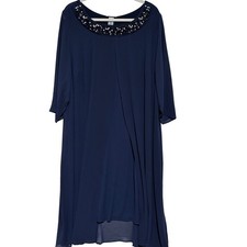 Catherines Navy Blue Beaded Neckline Chiffon Shift Dress Sz 2X formal wedding picture