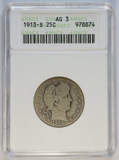 1913 S Barber Quarter 25c ANACS AG3 ‼️SERIES KEY DATE - VINTAGE SOAPBOX HOLDER‼️ picture