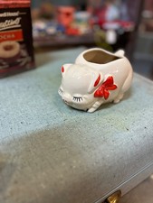 Vintage Shawnee White Sleeping Pig  with Red Bow Planter picture