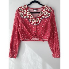 Vintage Roughrider Womens Shirt S Red Star Crop Tie Front Cowgirl Western Rodeo picture