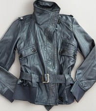 Pelle Studio Leather Moto Jacket Womens Size Medium NAVY Buttery Soft Belted EUC picture