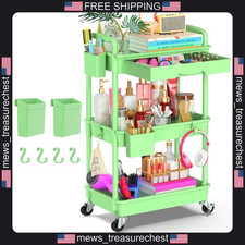Plastic 3-Tier Rolling Utility Cart with Removable Drawer and Lockable Wheels picture