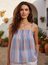 NEW Loft Tank Top Pink Blue Plaid Smocked Cami Coastal Coquette Boho Beach L picture