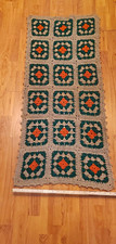 Handmade Crochet Granny Square Runner/Throw Blanket Green Orange Cream 15 Sq picture