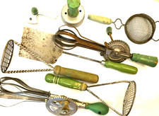 LOT/8 PC  c1930's Kitchen Tools orig Green Wood Handles  USA DEPRESSION ERA picture