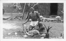 H14/ Hauula Hawaii Real Photo RPPC Postcard  c1930s Native Man Stone Tools picture