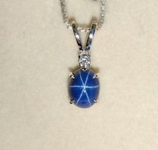 Natural Oval Cut 6 Rays Star Blue Sapphire Gemstone 925 Sterling Silver Necklace picture