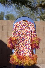 1960s Geoffrey Beene Psychedelic Floral Dress w/Feather Trim picture