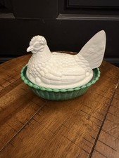 RARE Vintage Hen on Nest Westmoreland Green Slag Swirl base and milk glass hen picture