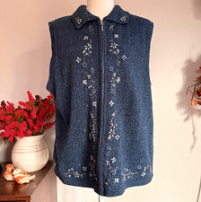 Classic Elements Blue Ramie Cotton Knit Full Zip Collared Floral Vest Women’s L picture