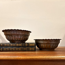 VTG, 1930’s, Pair of Heavy Pewter-Washed Copper Planters, Flower Frogs, Egypt picture