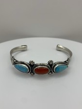 Navajo Turquoise And Coral Sterling Silver Cuff Bracelet size 6.5” signed HBY picture