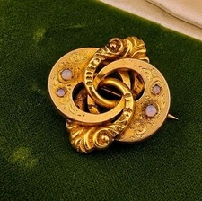 Victorian Antique Gold Tone Love Knot Pendant Brooch Gyspy Opalescent Cabochons  picture