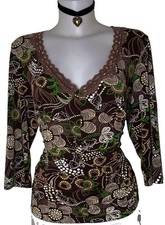 Y2k 90s Womens Brown Geometric Lace Babydoll Top Sz L Whimsigoth Coquette Kawaii picture