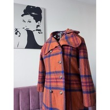 Vintage 60s 70s Orange Blue Plaid Wool Double Breasted Trench Coat Mod picture