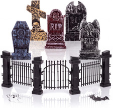7 Pcs Halloween Miniatures Tombstones Graveyard Set with Fence Spooky Mini Cemet picture