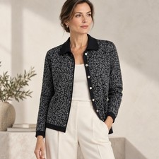 Talbots Petites Wool Cardigan Womens SP Made Italy Black Gray Abstract Jacquard picture